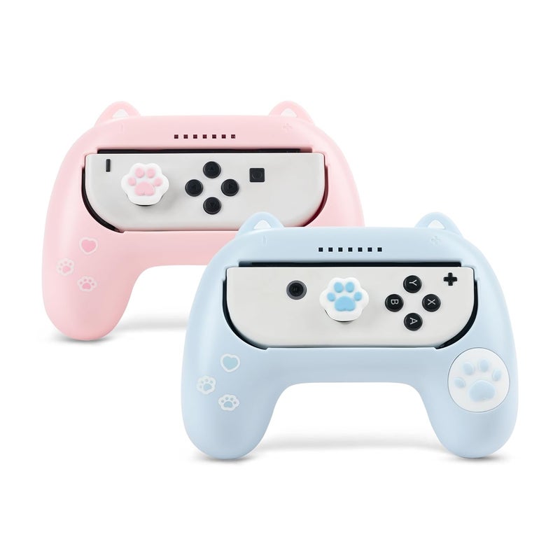 GEEKSHARE Grips for Nintendo Switch Joy Con, Ergonomic Design Controller Grip Kit for Switch and OLED Joy Con with 2 Thumb Grip Caps - Pink & Blue - Image 1